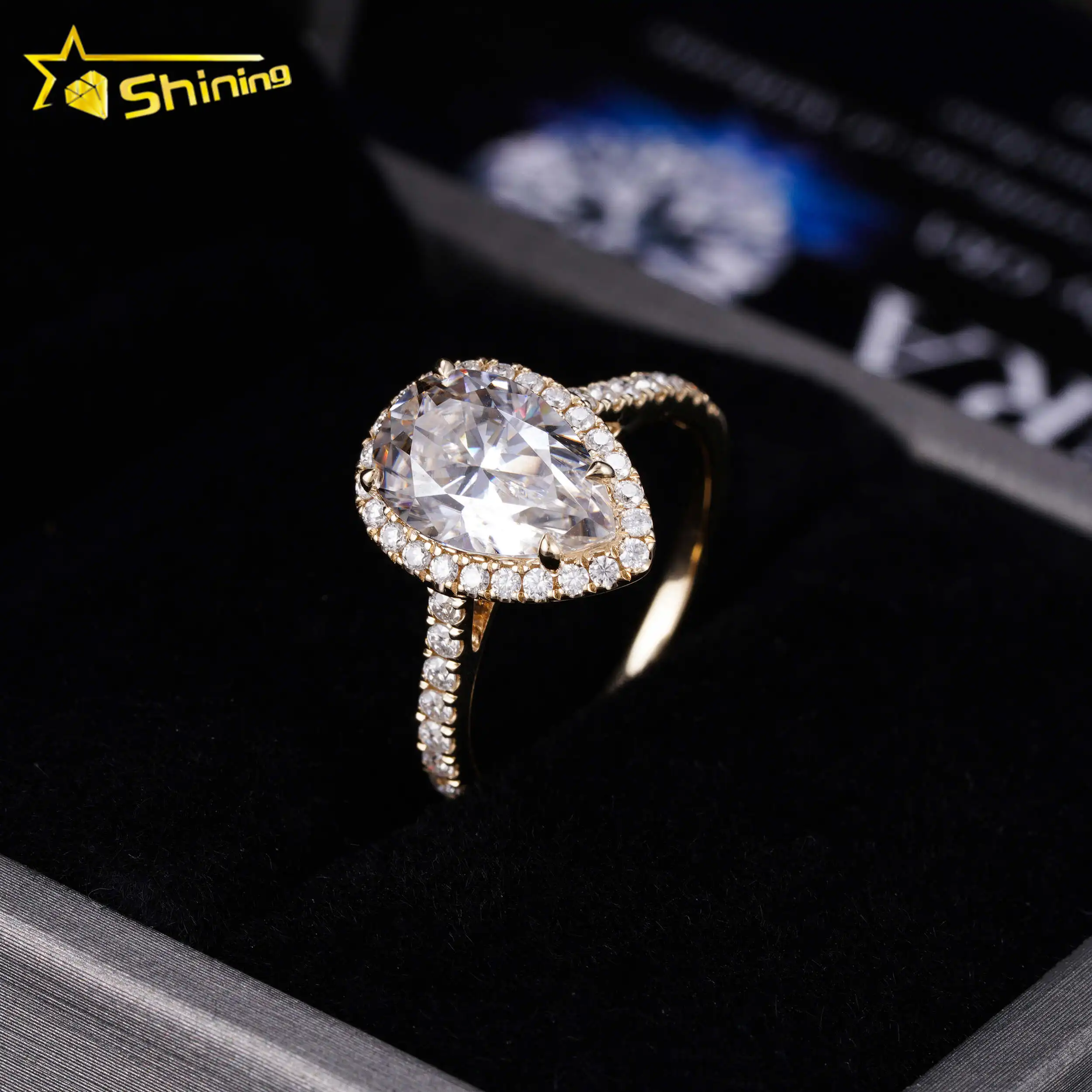 Shining Jewelry 14K Solid Gold 7x11MM 3CT Halo Pear Moissanite