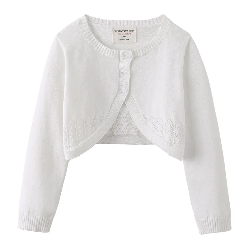 Wholesale Pure Cotton Pointelle Bolero Girl's Lace Effect Trim Knitted Cardigan Sweater Knitwear Long Sleeve Short Cardigan