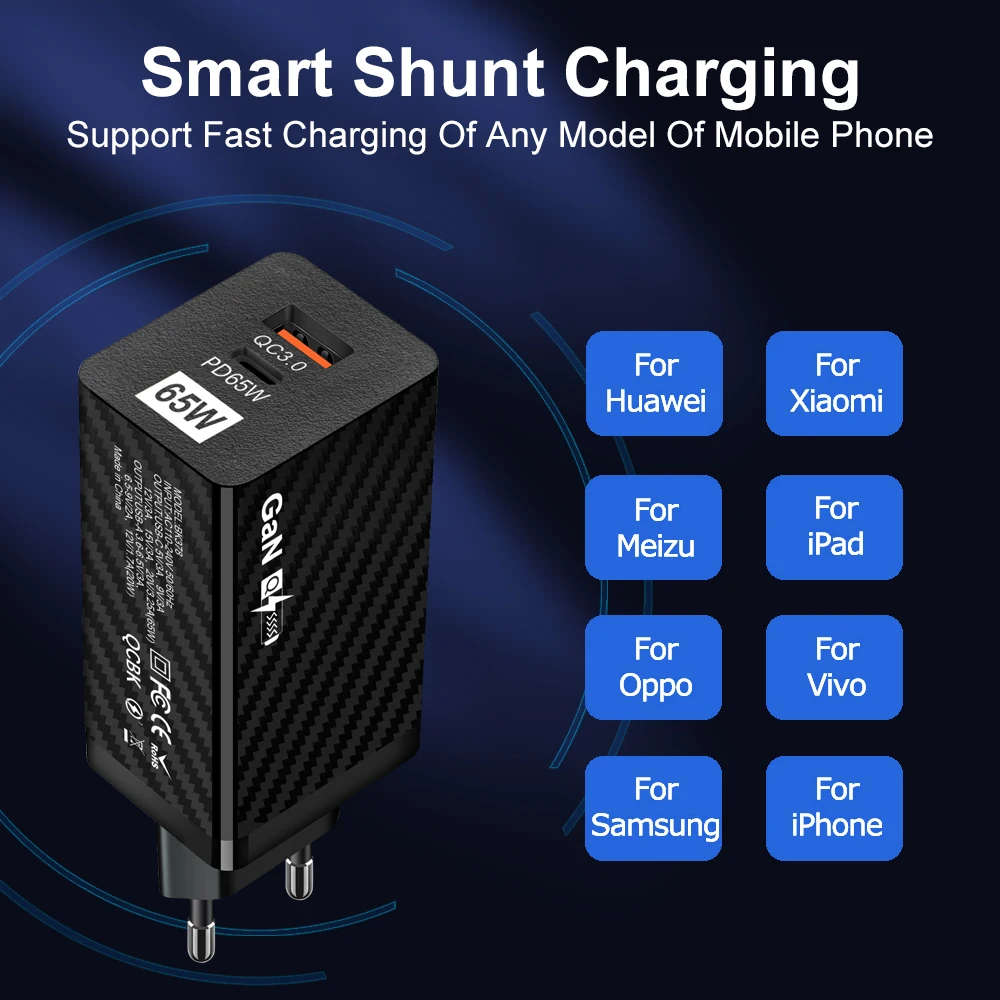 65W USB-C Power Adapter Dual Port A+C Fast WALL Charger Portable Dual USB QC 3.0 PD Mobile Phone Charger - Image 2