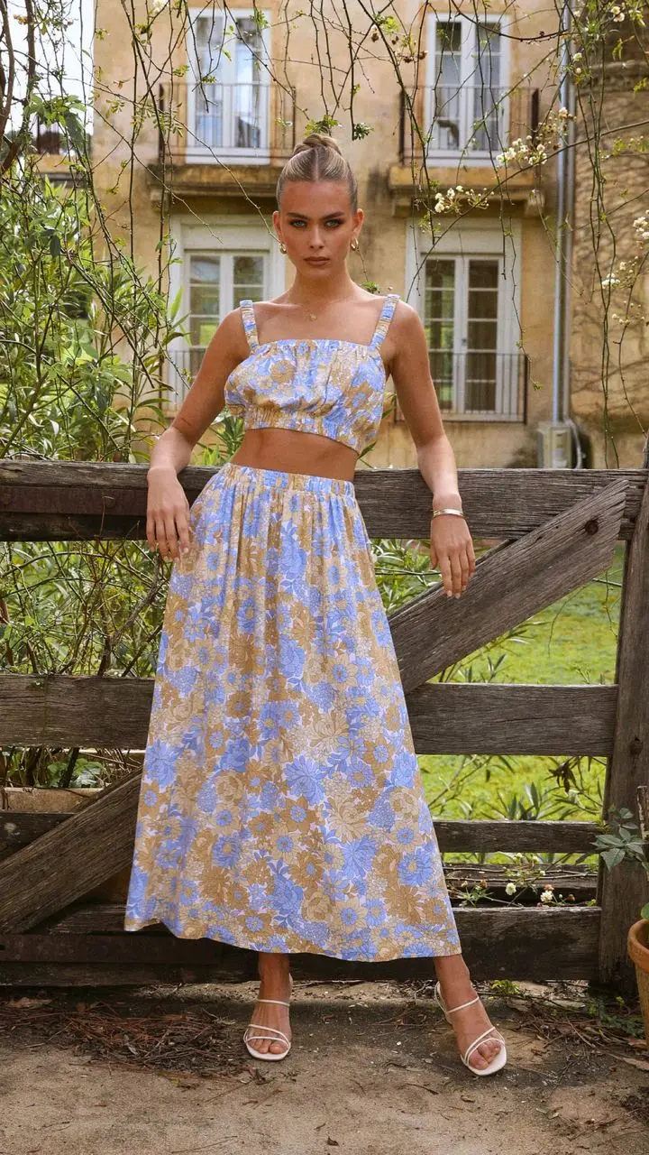 Custom Floral Print Sleeveless Crop Top and a Line Midi Skirt Piece Set