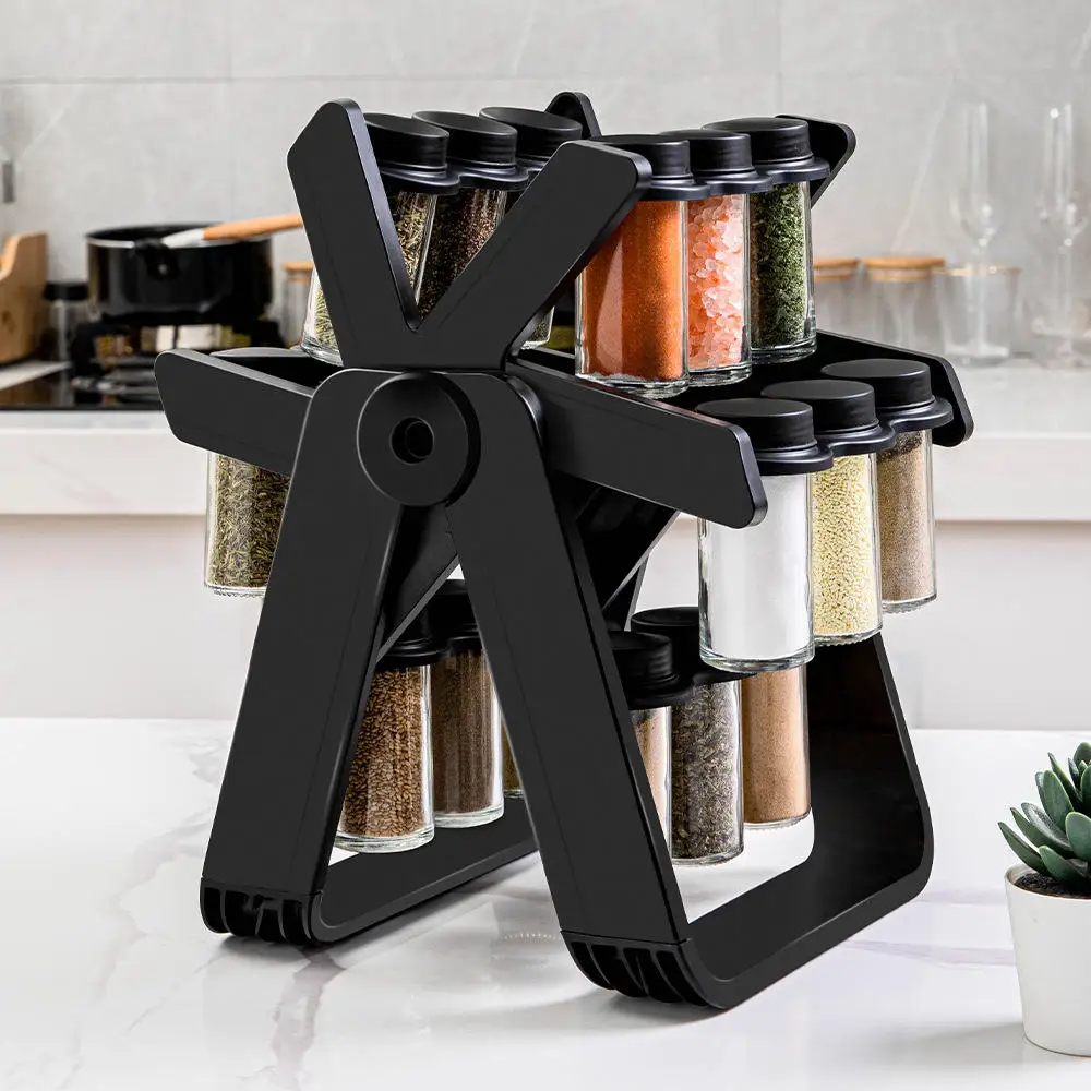 360 Degree Rotating Plastic Spice Rack Storage Holder 18 Glass Seasoning Rack Set Double Standing for Kitchen Tool Organization