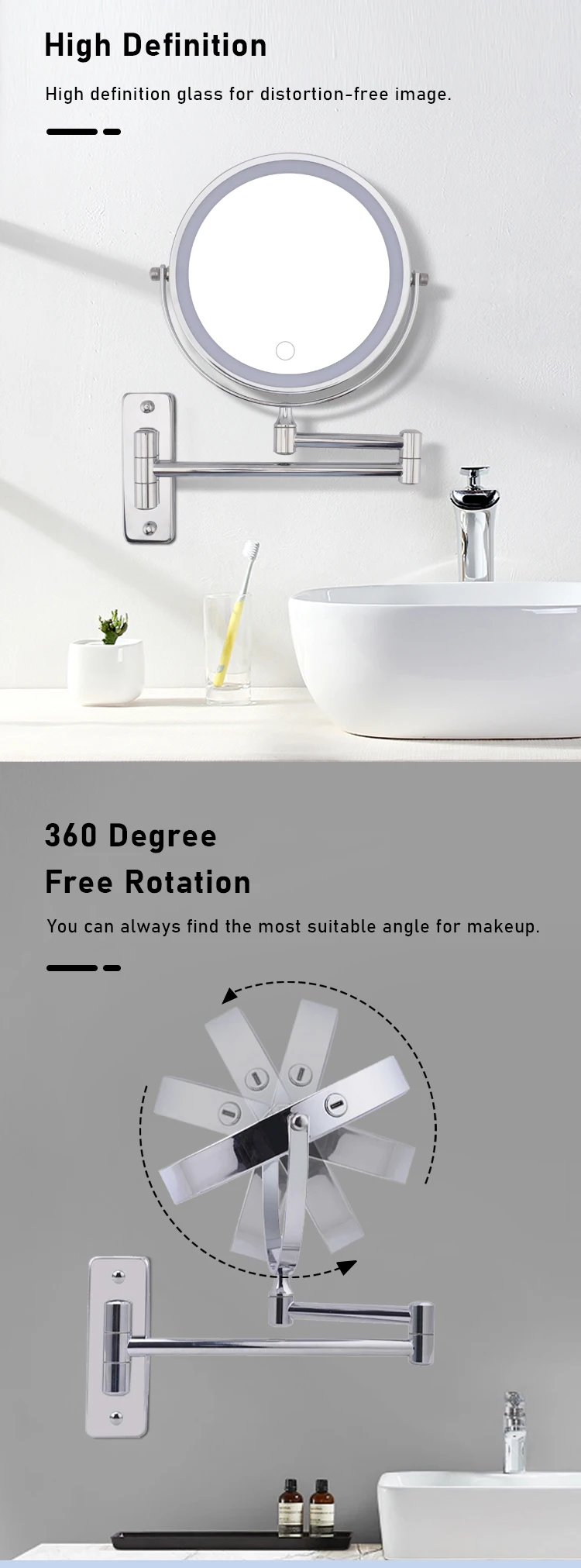 Wall Mounted Makeup Mirror Extension Mirror Double Sided Magnifying Rechargeable Makeup Mirror