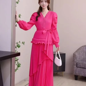Elegant V-neck Lantern-sleeve Pleated Dress in Solid Color - Large Size Dress