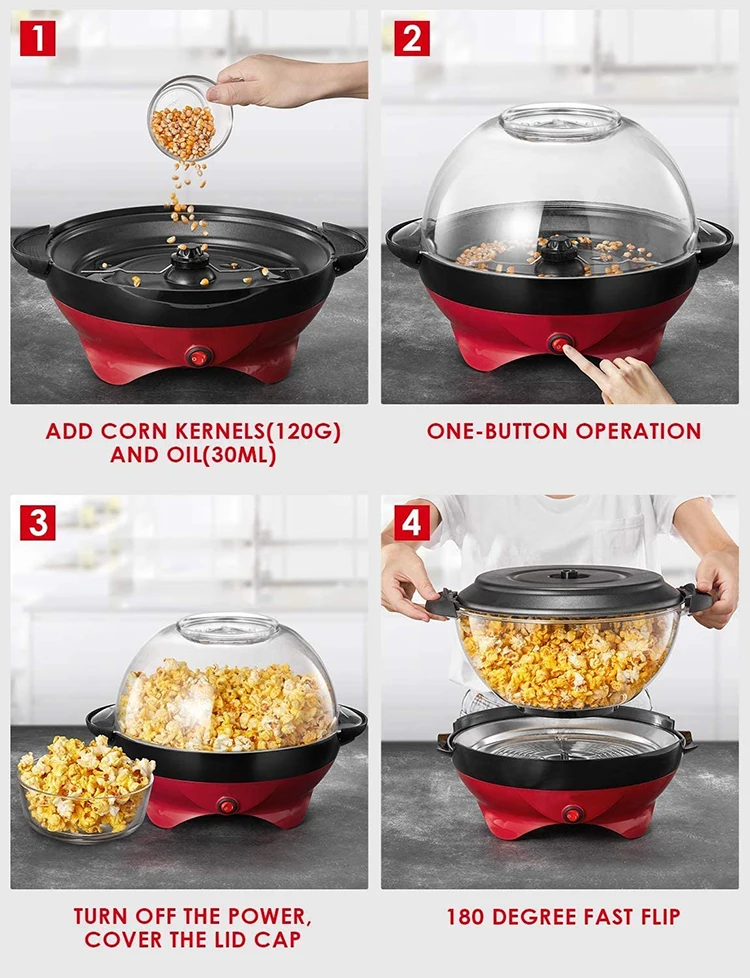Macchina Per Popcorn FOHERE 5L - Retrò, Piatto Antiaderente Rimovibile, Veloce E Silenziosa, Colore Rosso