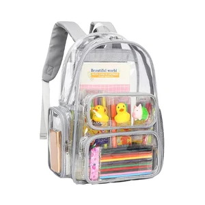Clear Backpack Heavy Duty PVC Transparent Bag See Through BookBag for Student School Work Festival Sport Travel(17Inch,Gray)