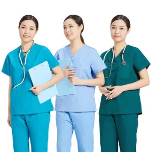 Short Sleeves Breathable Unisex Hospital Scrubs with Needle Detection 65% Polyester +35% Cotton Fabric Medical Scrubs Uniform