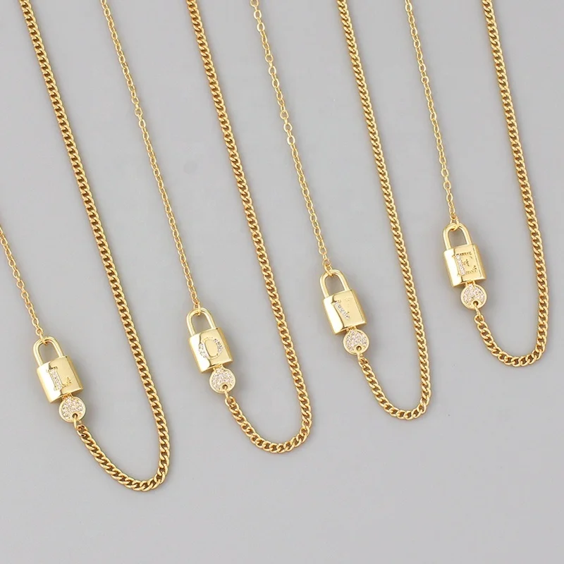 Gold Lock Necklace with Initial Letter Zircon