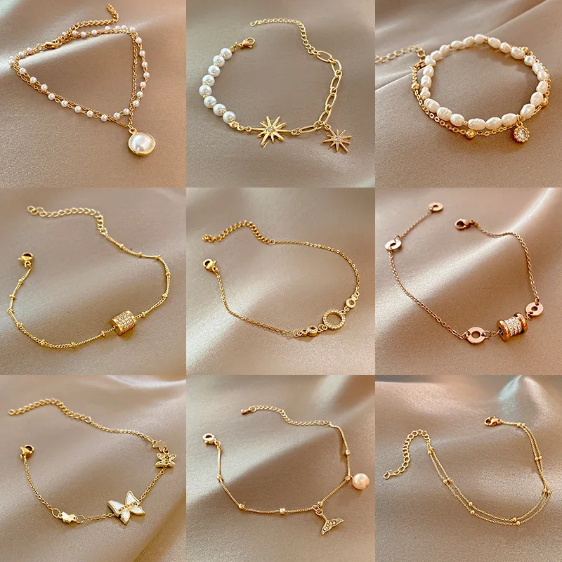 Korean Version of Ins Style Fashion Simple Gold Plated Bracelet Zircon Pearl Design Bracelet