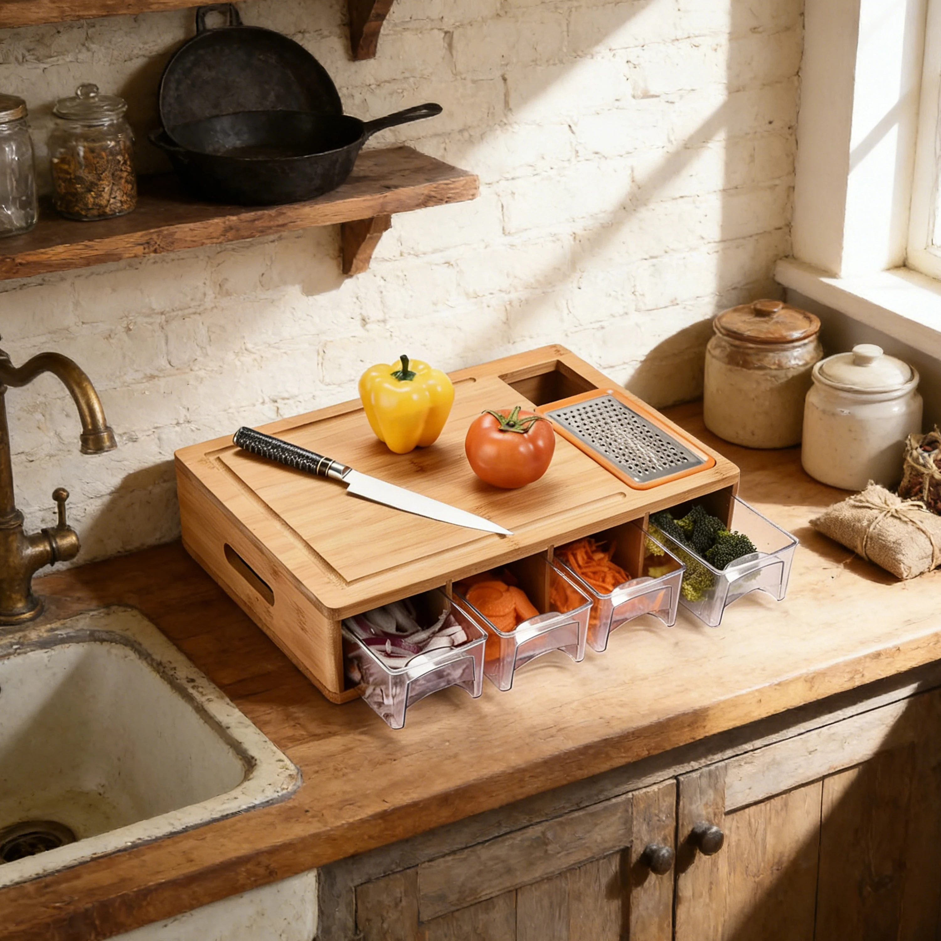 Bamboo Kitchen Cutting Board with Storage Drawers & Built-in Grater Multifunctional Chopping Board for Vegetables, Fruits & Meat