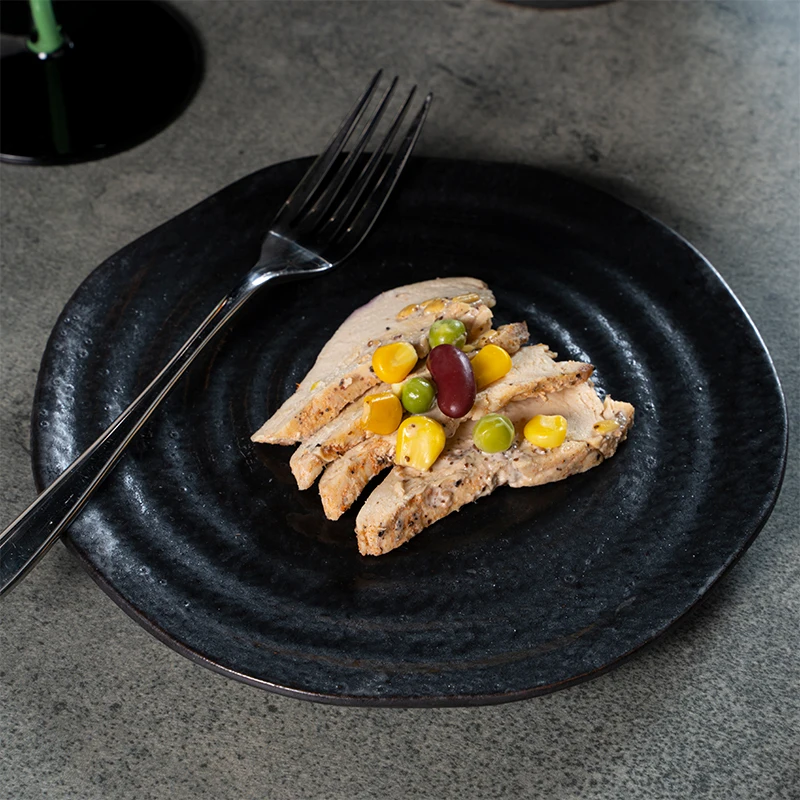 Yayu Rustic Cheap Ceramic Dinner Plates Natural Green Stone Round Hotel Porcelain Black Shallow Dished Crockery Restaurant
