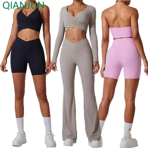 Wholesale Sports Long Sleeve Crop Top Flared Workout Leggings Yoga Active Wear Running Gym Fitness Sets
