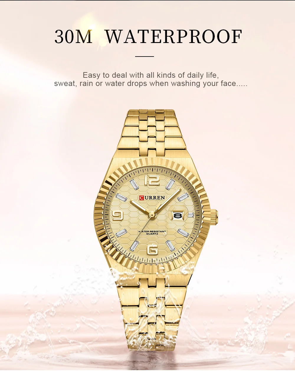 CURREN 8498 Women's Quartz Watches Stainless Steel Band Blue Dial Calendar Date Watch Ladies Water Resistant Luminous Wristwatch