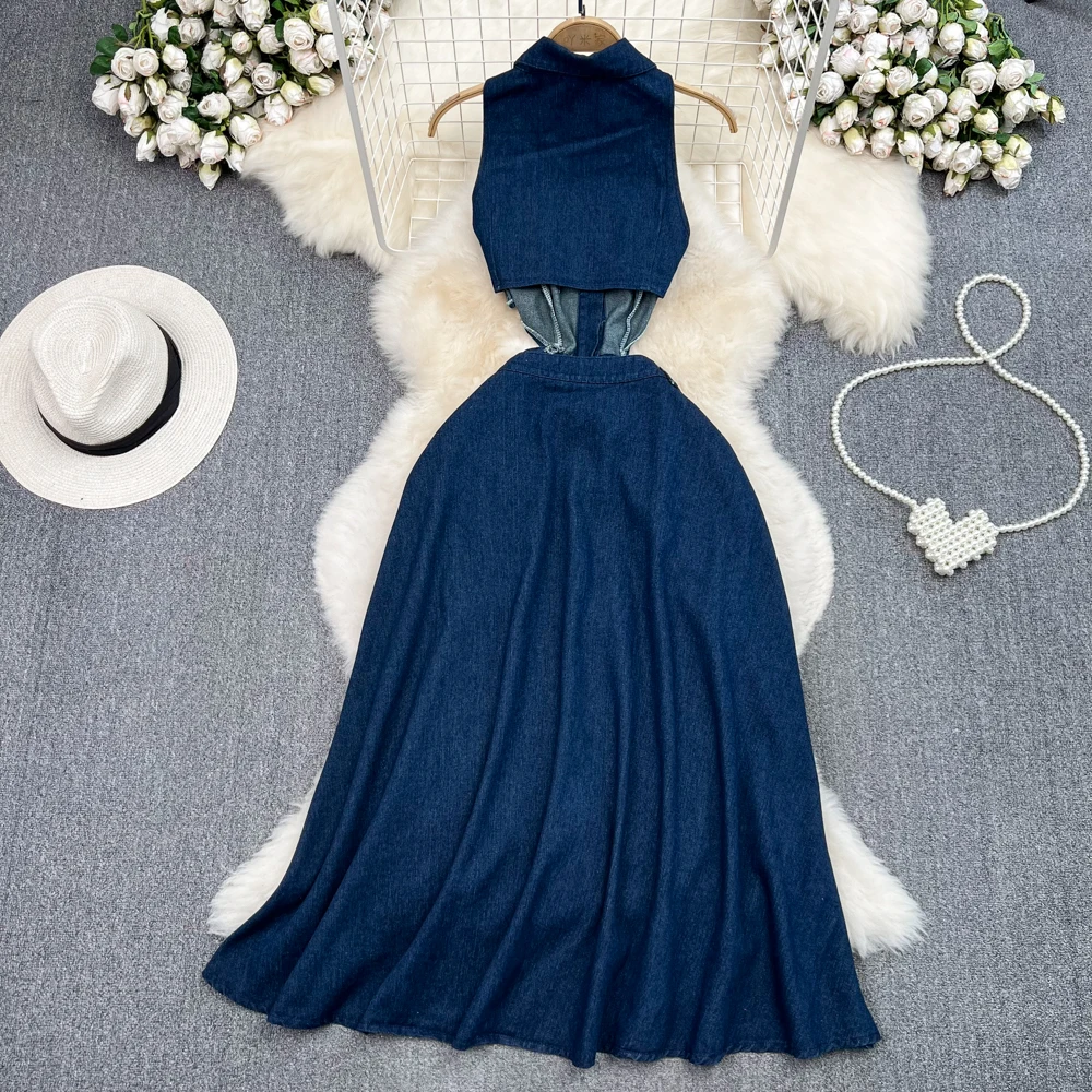 white christmas dresses Regina Lapel Collar Cut-out Denim Maxi Dress