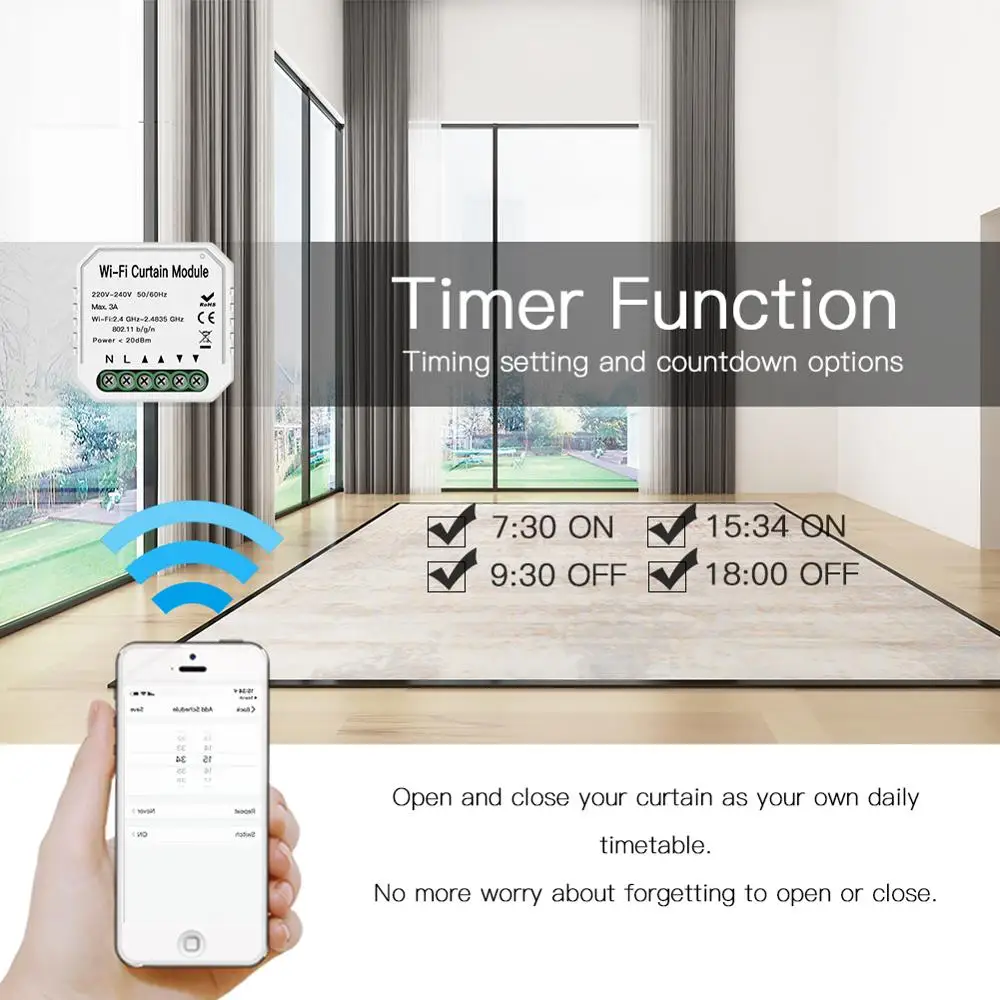 Robot Apri Tende Smart WiFi Tuya Con Telecomando – Compatibile Con Alexa E Google Home, Asta Romana, Apertura Singola O Doppia, Sensore Di Luce E Temperatura