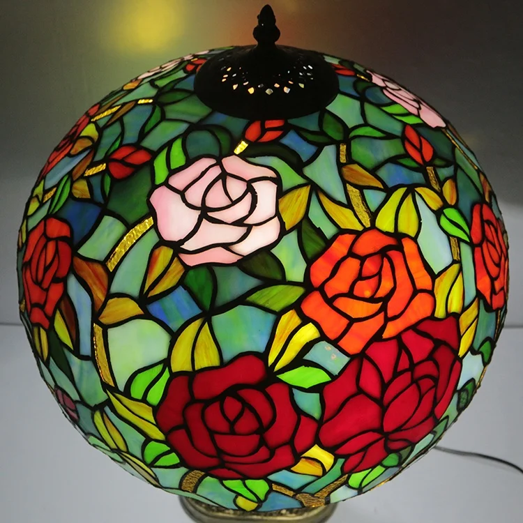 LongHuiJing 16Inch Large tiffany Table Lamp Rose Flower Stained Glass Lampshade With Deer Resin Base