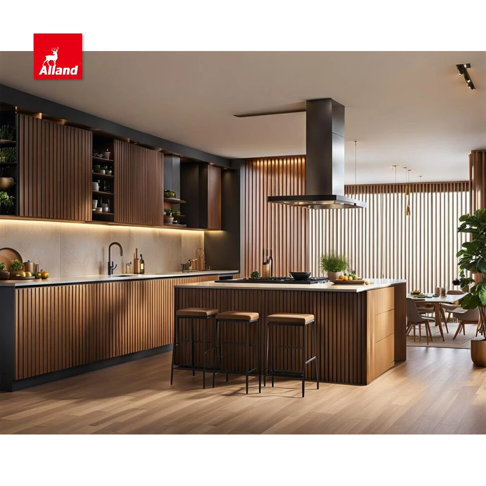 AllandCabinet Modern Design Timber Veneer Kitchen Cabinet and Fluted Panel Island Reeded Beaded Solid Wood Door Cabinets