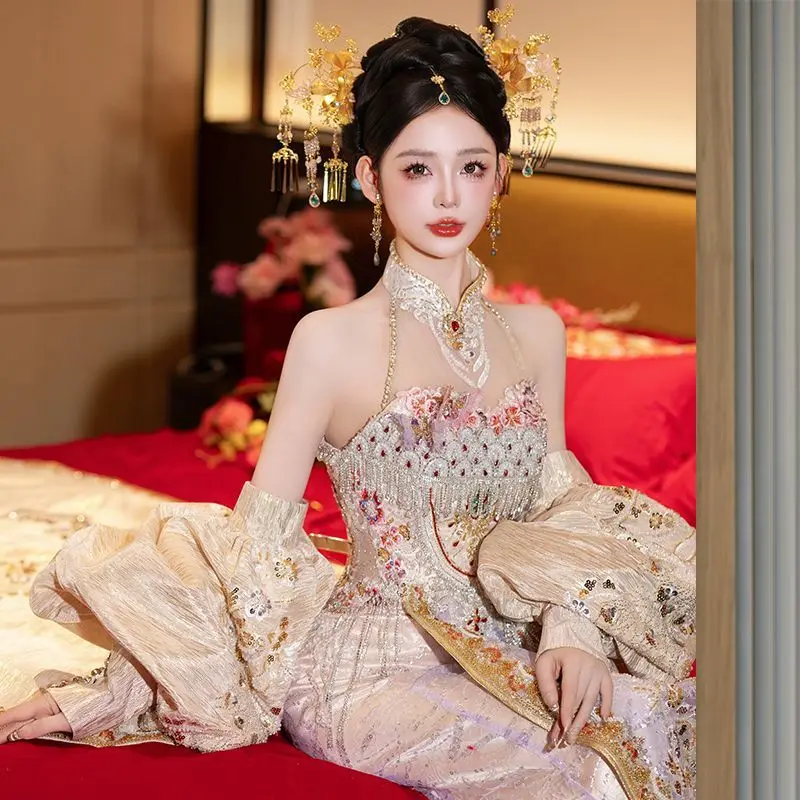 champagne asian dress Champagne Bride Wedding Chinese Dress Cocktail Dress