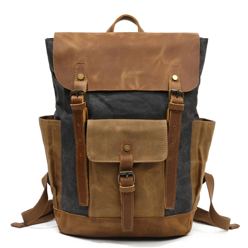 Vintage Leather Waxed Canvas Camping Sport Men Backpack geniune leather Rucksack Travel Office 15