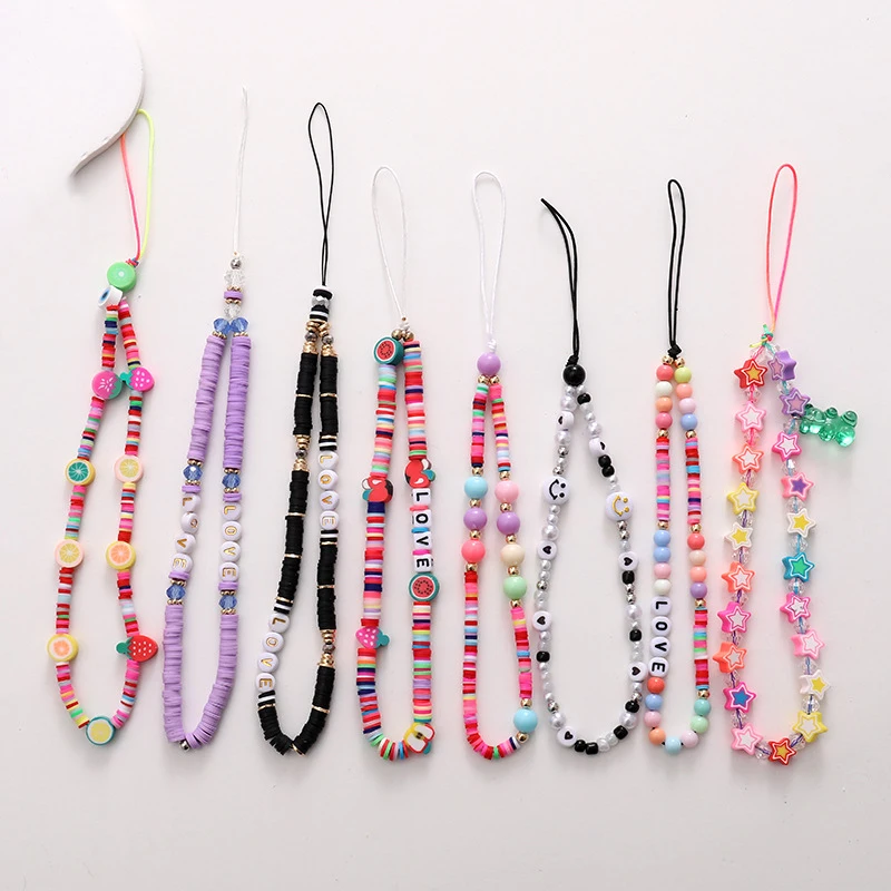 Новинка, ремешок для мобильного телефона с бусинами, ремешок для женщин, разноцветные буквы, любовь, фрукты, звезда, мягкая глиняная веревка для мобильного телефона, подвесная подвеска