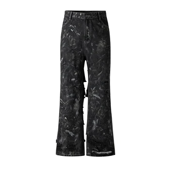 No Holds Barred Men's Flared Wide Leg Jeans American High Street Mud-Rubbed Ripped Large Destruction Graffiti Denim Formal