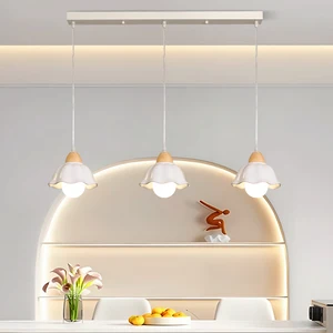 Wabi-sabi Style Solid Wood Three-Head Pendant Lamp Petal White Adjustable Height Bedside Light for Bedroom Dining Room Bar