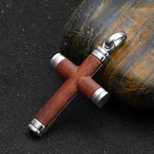 High Quality Bubinga Wood Tizti Pendant Necklace Stainless Steel Custom Logo Cross Design Men's Popular Charm
