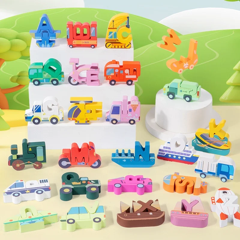モンテッソーリ教育用木製動物アルファベットパズル マッチングゲーム 乳幼児向け ABC文字ブロックセット おもちゃ
