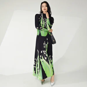 Miyake Women's Casual Stretch Polyester Set Fashionable Floral Printed Top and Maxi Skirt Ankle Length for Spring