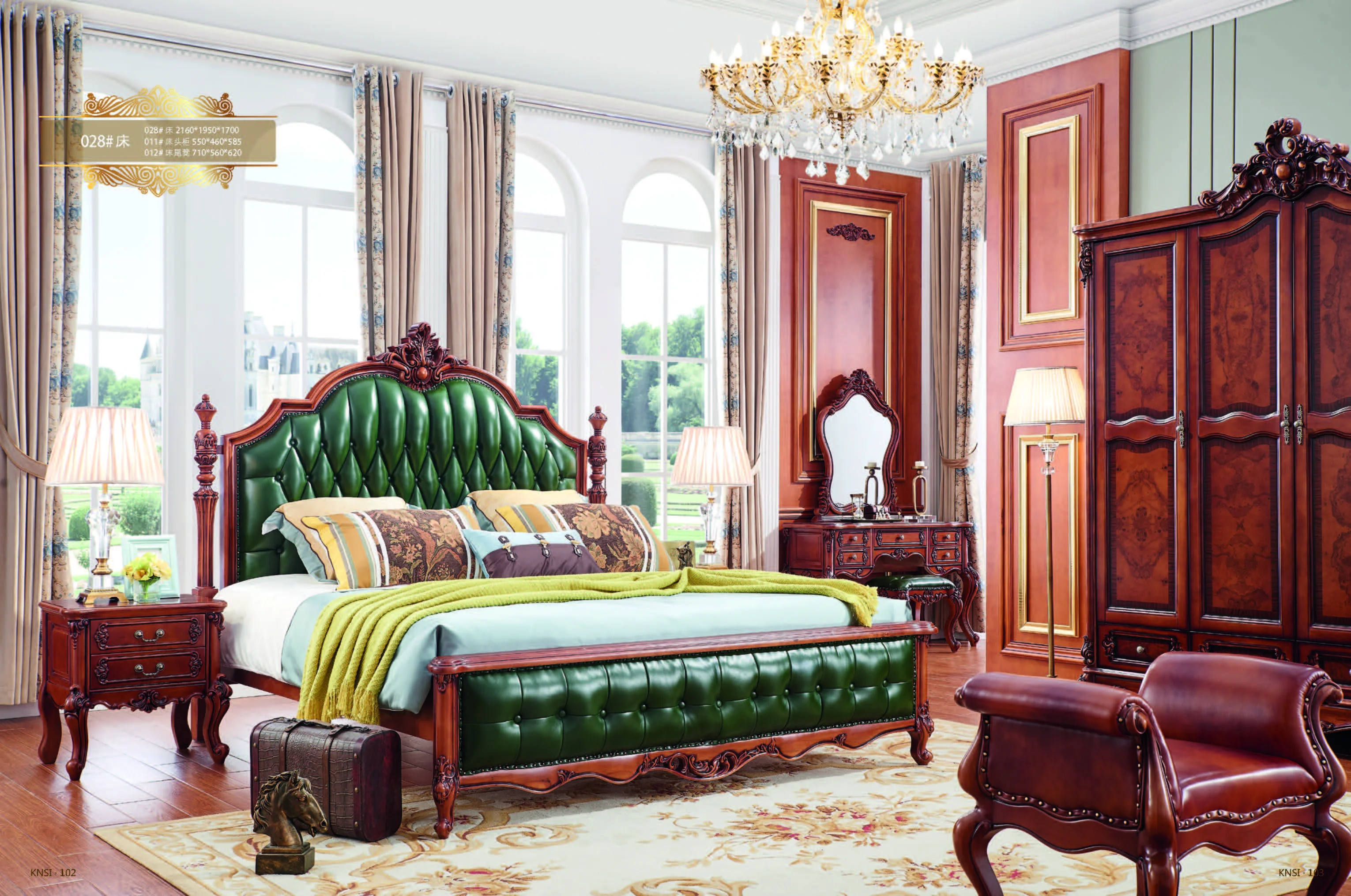 European Bedroom Furniture Set Luxury Royal French Style Button Tufted Bed  Apartment Green Bedroom Set, image size:3061x2030