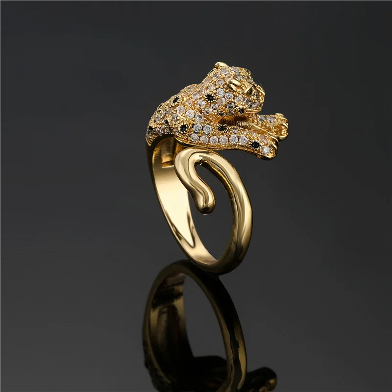 Style Cubic Zirconia Gold Color 3d Stereo Animal Leopard Ring Womens Mens Ring Hiphop Ice Out Bling  Panther Ring