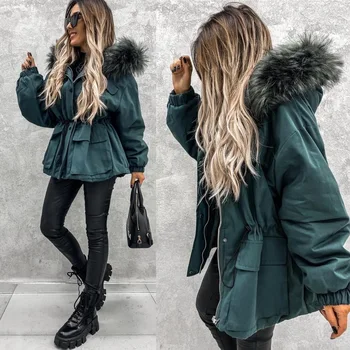 2022 Winter new women fashion hooded zipper Thick collar fur cotton warm Parka down jacket