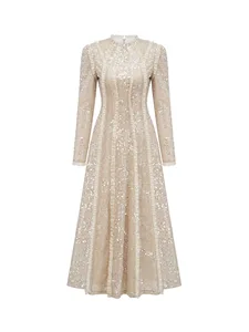 Bettergirl Fashion High-quality 2026 Sequin champagne Long Dress Long Sleeve Round Neck Tight Formal Elegant Evening Dress