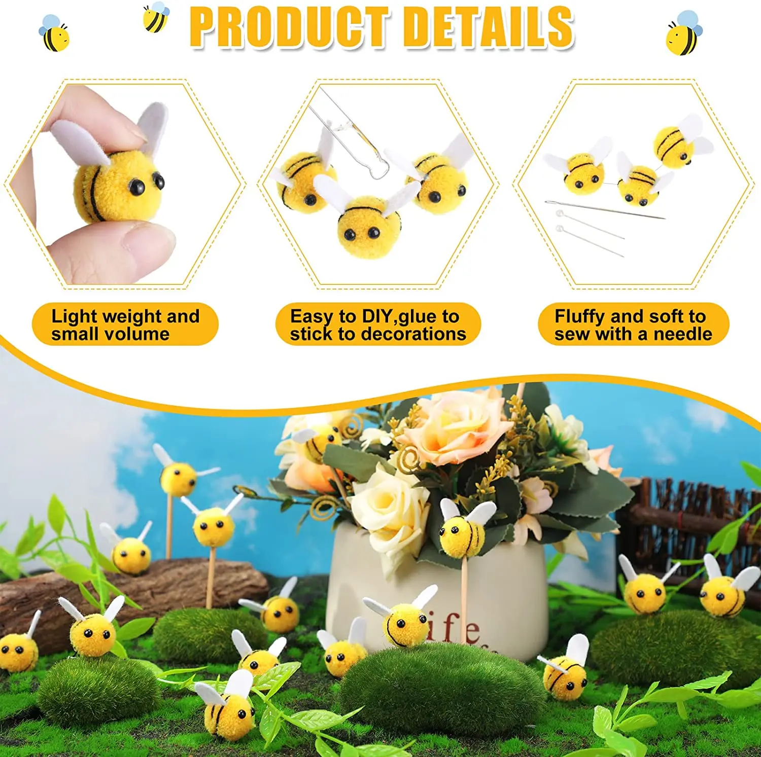 YIEUR Lot de 10 figurines en laine d'abeille - Mini décoration d'abeilles en feutre - Figurines d'abeilles - Dispersées dans les décorations d' abeilles en feutre pour fête prénatale - Bricolage