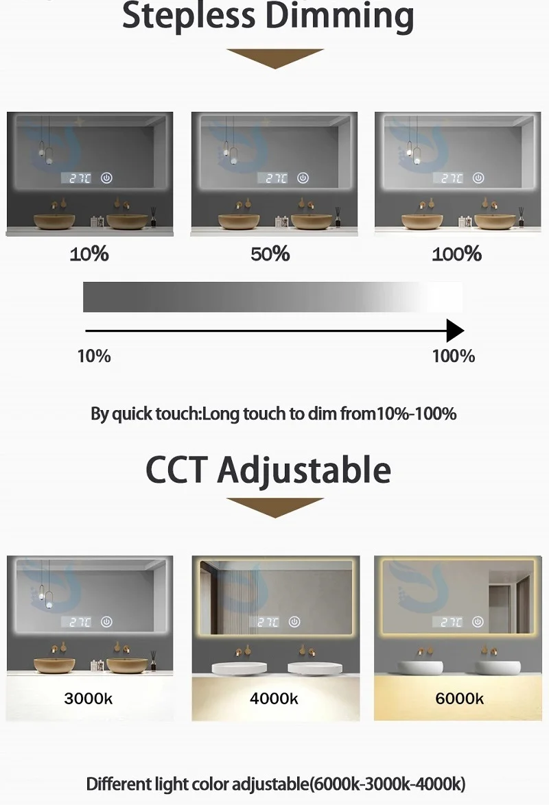 Bathroom Anti Fog Dimmer Switch Single Double Color Led lights Sensor Touch Switch With Time Temperature factory