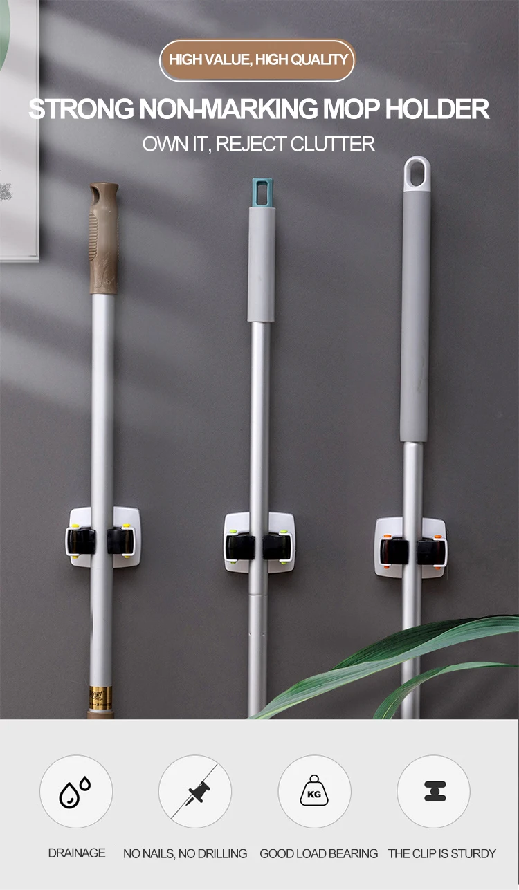 Bathroom Kitchen Storage Broom Handle And Mop Holder Wall Mount,Self
