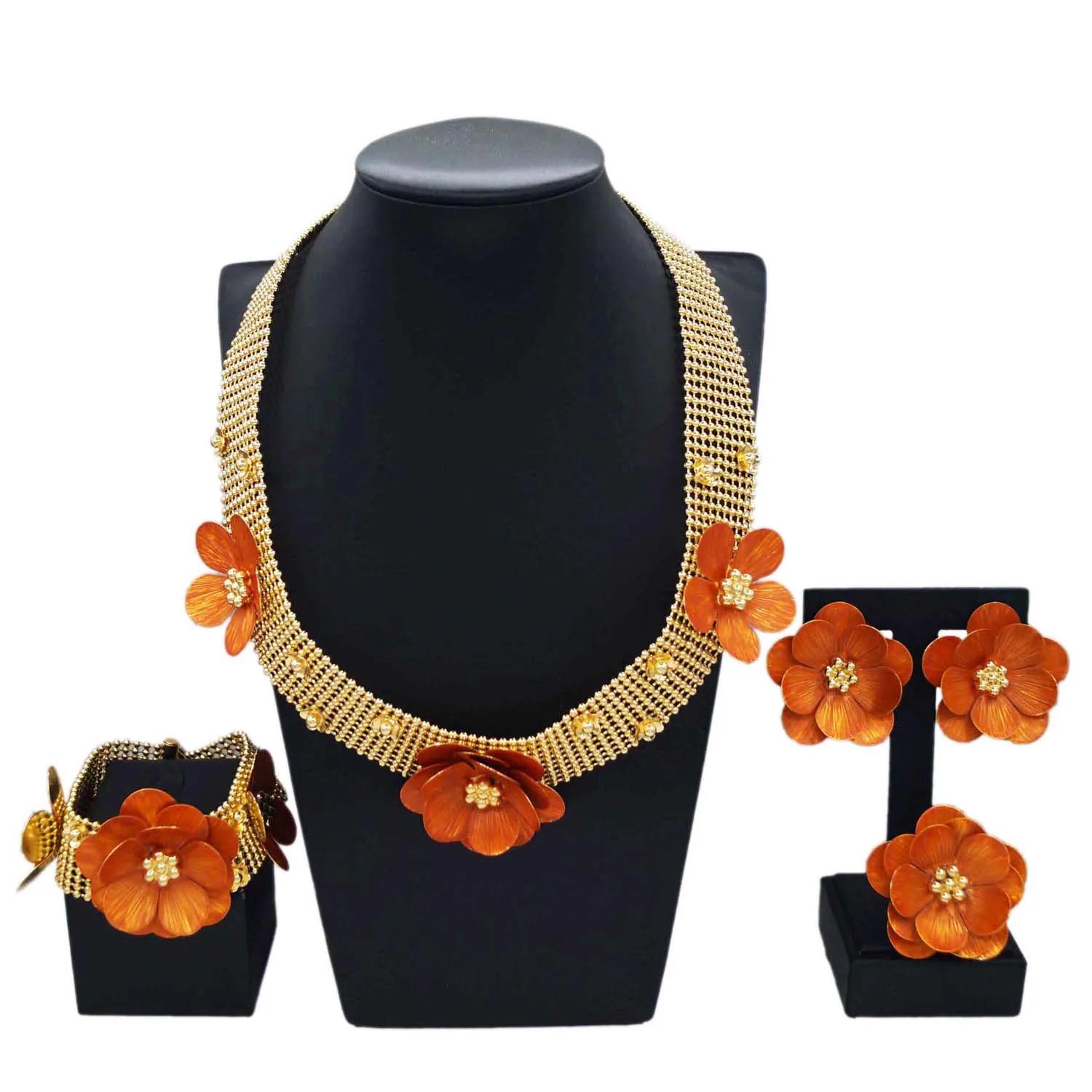 Zhuerrui Cheap Luxury Gold Jewelry Set Fashion Orange Flowers Necklace  Jewelry Sets Latest Women's Pendant Accessories H20173