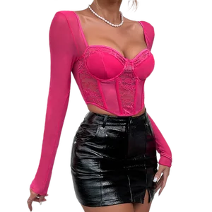 Factory Price Ladies Fashion Mesh Long Sleeve Top Sexy Corset Top for Women Mesh Corset