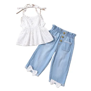2023 Fashion Wholesale Kids Clothing Sleeveless V Neck Lace Floral Hollow Camisole Denim Pants Toddler Girls Summer Clothes Sets