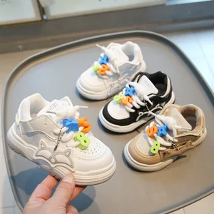 2026 Spring Autumn New Boys' & Girls' Casual Sneakers White Soft Sole Cartoon Lace-Up Baby Shoes