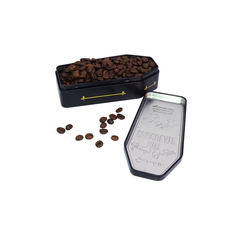 Halloween Coffin Irregular Shape Box Embossed Powder Coffee Chocolate Candy Storage with Airtight Lid Metal Can Tin Containers