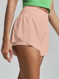 Wholesale Sportswear Outdoor Women's Solid High Waist Double Layer Sports Shorts Custom Running Shorts Breathable Quick Dry