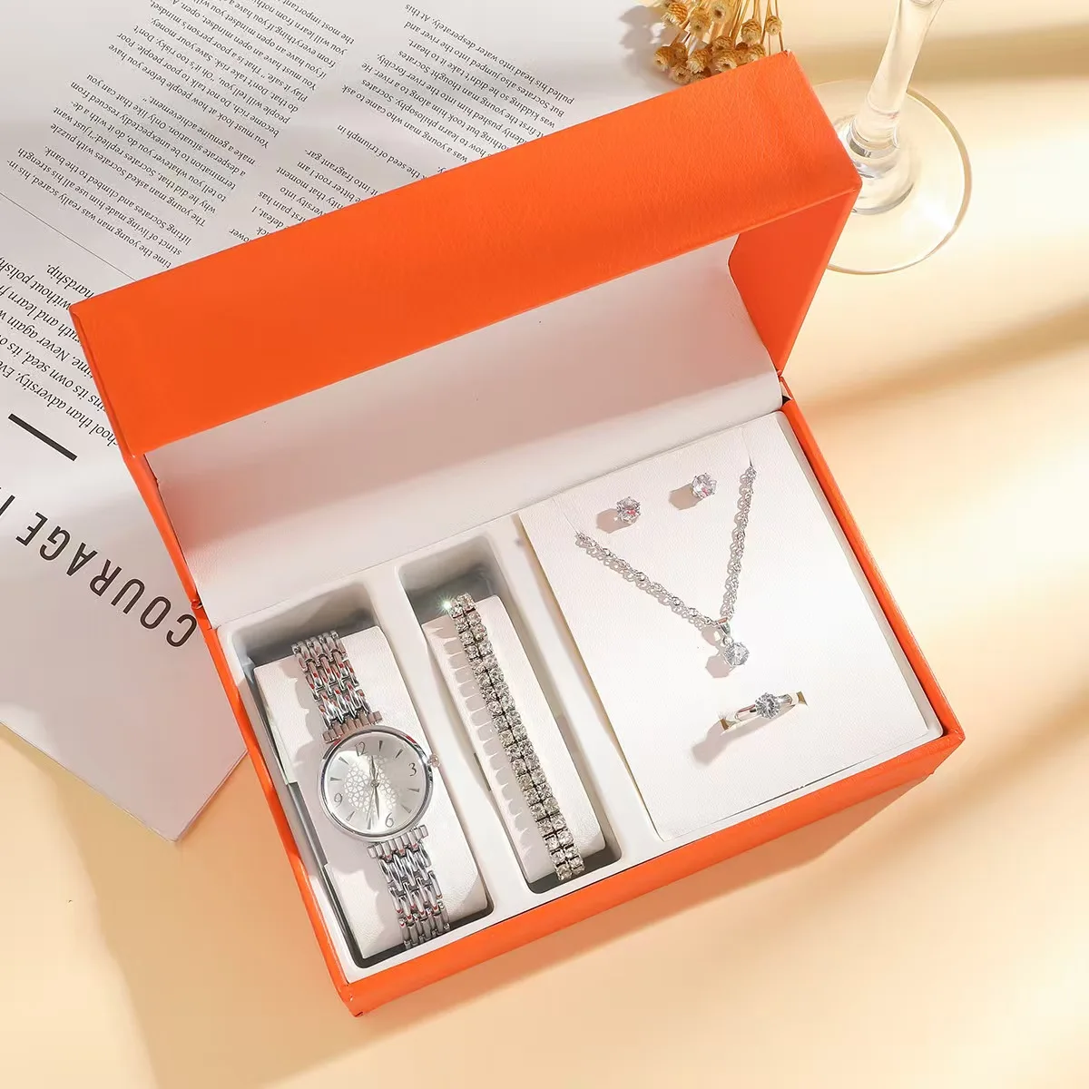 Best-selling Women's Watch Set Stylish Stainless Steel Quartz Watch with Sparkling Diamond-like Accessories Souvenir Gift Items