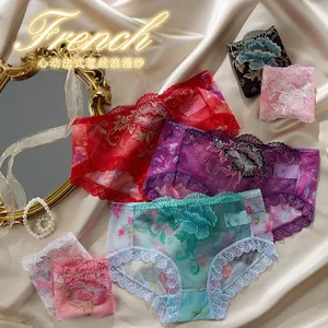Large Size Sexy National Style Embroidered Hollow Mesh Underwear Women's Comfortable Polyamide Crotch Temptation Lace Floral