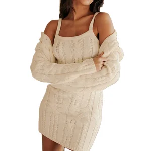 Custom High Quality  Casual 2 Piece Knit Lounge Sets Spaghetti Strap Dress Above Knee Long Sleeve Short Cardigan