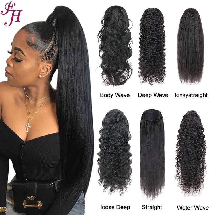 Fh 100 Human Hair Ponytail Natural Black Straight Ponytail Hair Clips