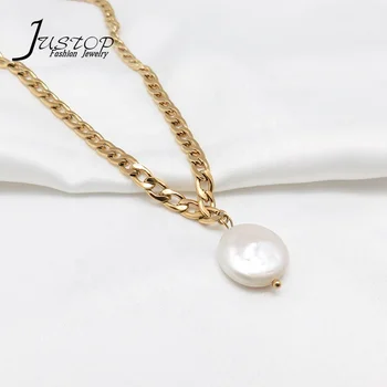 Custom Simple Jewelry Natural Baroque Pearls Necklace Snake Chain Stainless Steel Pendant Necklace For Girls