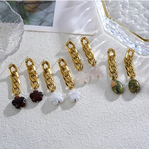 Minimalist Waterproof IP PVD 18K Gold Plated Stainless Steel Earrings Topaz Flower Shape Stone Pendant Drop Stud Cute Woman