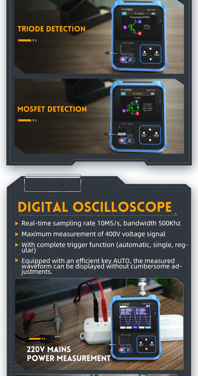 DSO-TC3 Oscilloscope 3 in 1 Transistor Tester Multi-function Multimeter Diode Portable Digital Oscilloscope
