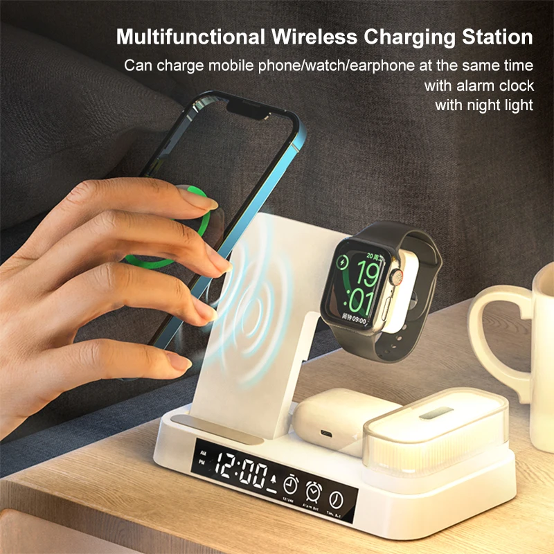 15W 4 in 1 Magnetic Digital Alarm Clock Wireless Charger Stand 3 in 1 Foldable Wireless Charger With RGB Lamp Night Led Light