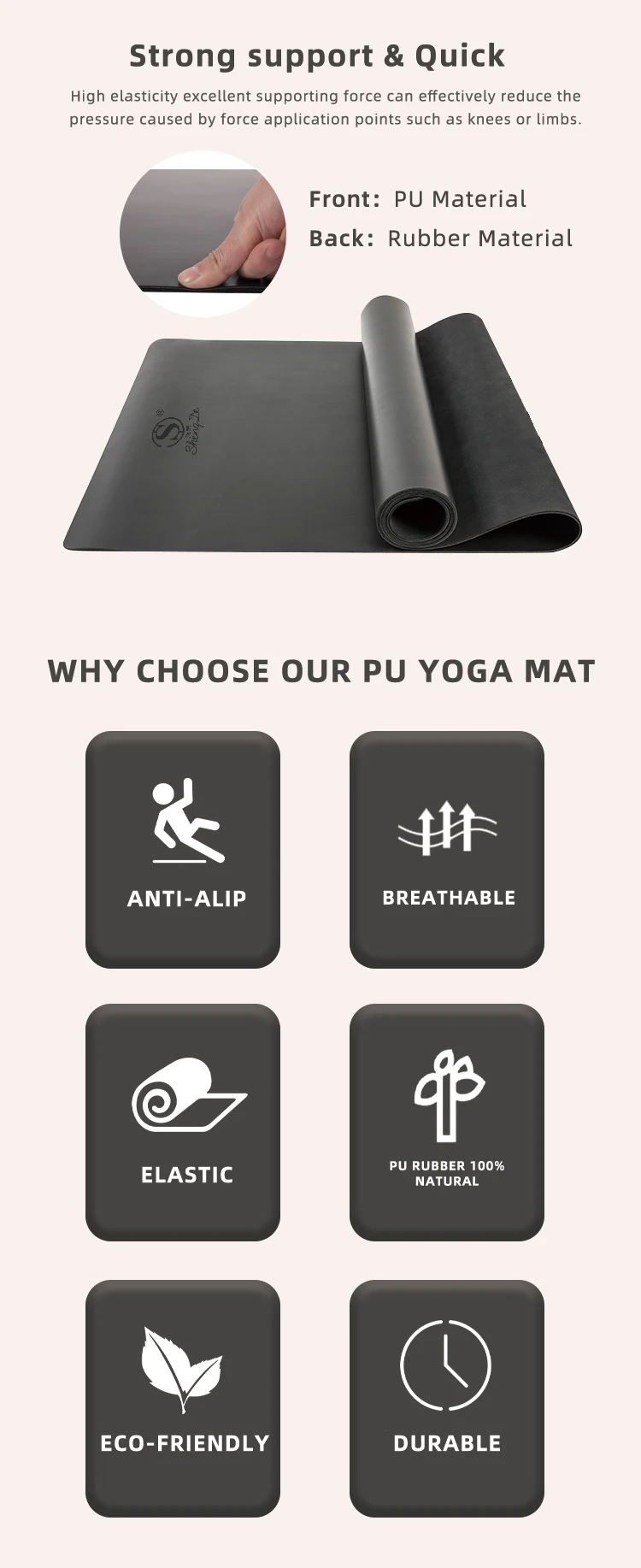 Deep Purple Custom Eco Friendly 4mm High Quality Fitness Pu Leather Black Yoga Mat With Carry Strap